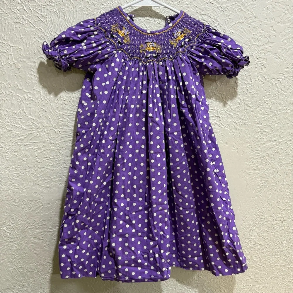 Little Girl's smocked & embroidered dress purple white polka dots cheerleader